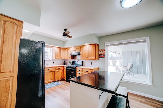 kitchen featuring black appliances, light wood-style flooring, a ceiling fan, and under cabinet range hood