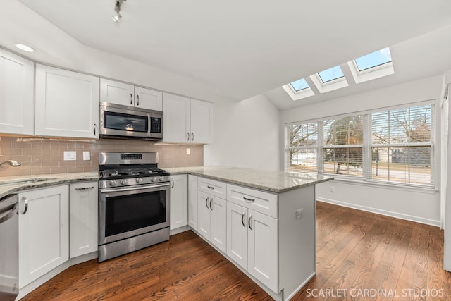 kitchen with dark wood finished floors, appliances with stainless steel finishes, a peninsula, vaulted ceiling, and a sink