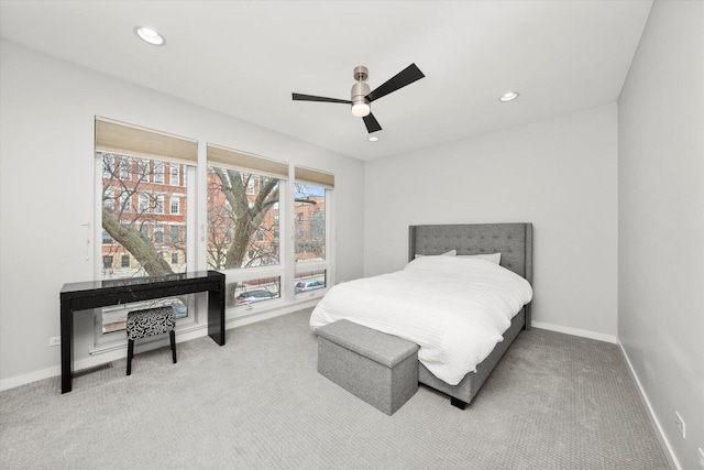 bedroom with ceiling fan, recessed lighting, carpet flooring, and baseboards