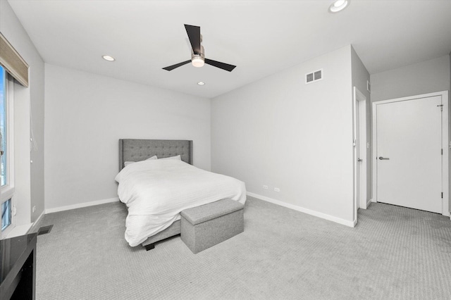 carpeted bedroom with recessed lighting, visible vents, ceiling fan, and baseboards