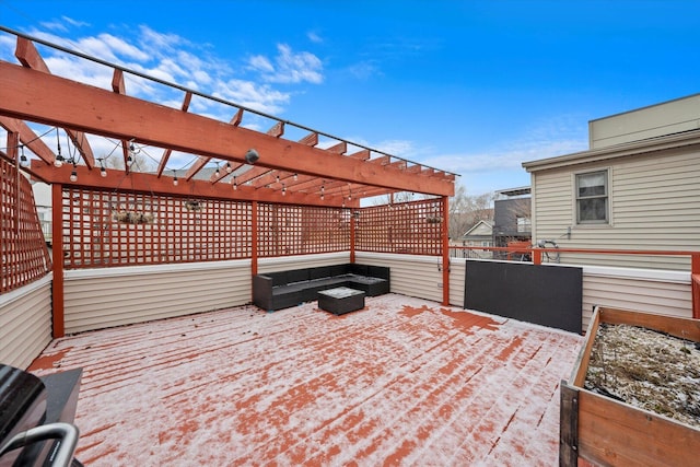 deck with outdoor lounge area and a pergola