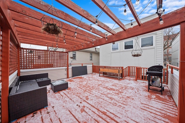 wooden deck with a grill, outdoor lounge area, and a pergola