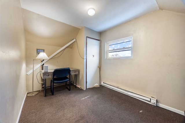 carpeted home office with baseboards, a baseboard heating unit, and vaulted ceiling