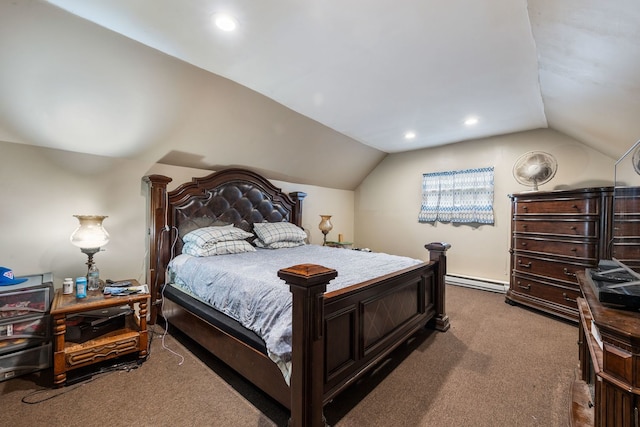 carpeted bedroom featuring lofted ceiling, a baseboard radiator, and recessed lighting