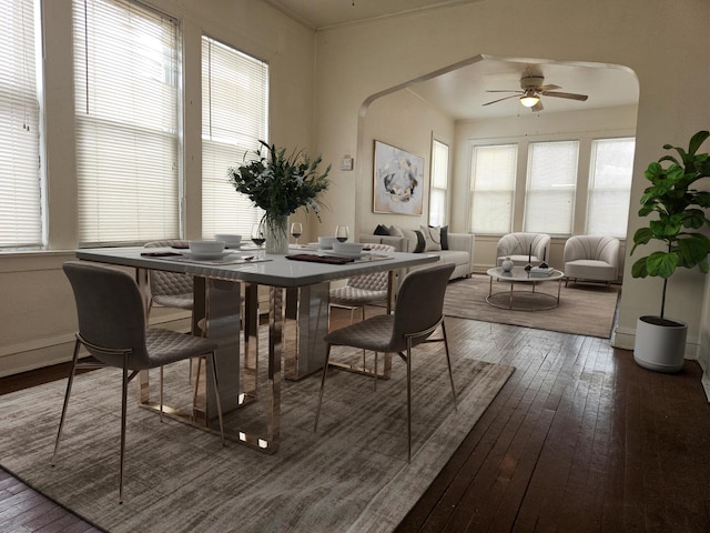 dining area featuring a ceiling fan, arched walkways, and hardwood / wood-style floors