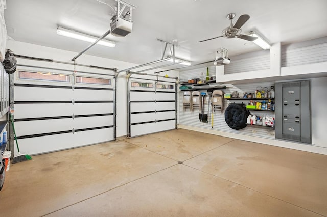 garage featuring a ceiling fan and a garage door opener