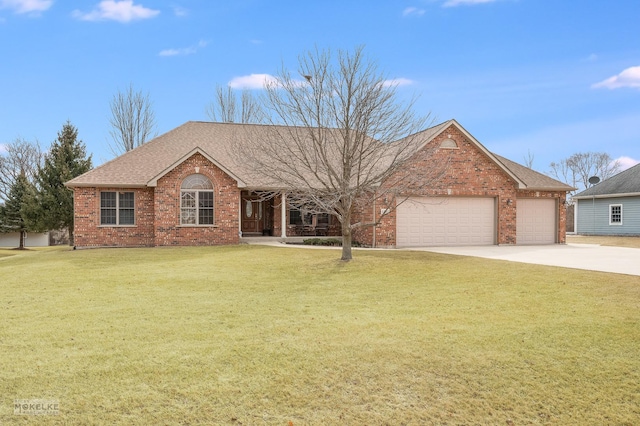 ranch-style home featuring a shingled roof, concrete driveway, an attached garage, a front yard, and brick siding