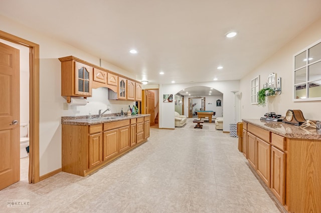 kitchen featuring arched walkways, recessed lighting, a sink, baseboards, and glass insert cabinets