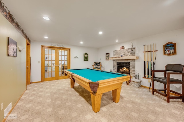 rec room with recessed lighting, baseboards, light colored carpet, and french doors