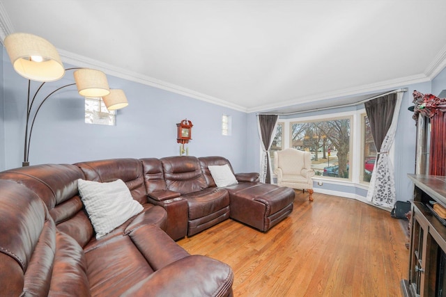 living area featuring ornamental molding and light wood-type flooring