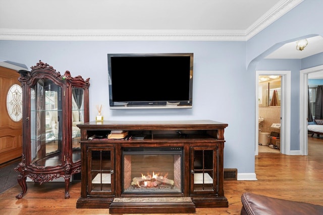 living room featuring a warm lit fireplace, arched walkways, wood finished floors, and ornamental molding