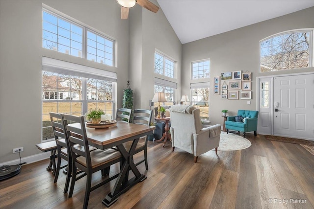 dining room featuring high vaulted ceiling, dark wood finished floors, and baseboards