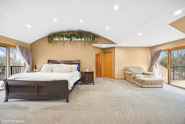 bedroom with vaulted ceiling, access to outside, light colored carpet, and recessed lighting