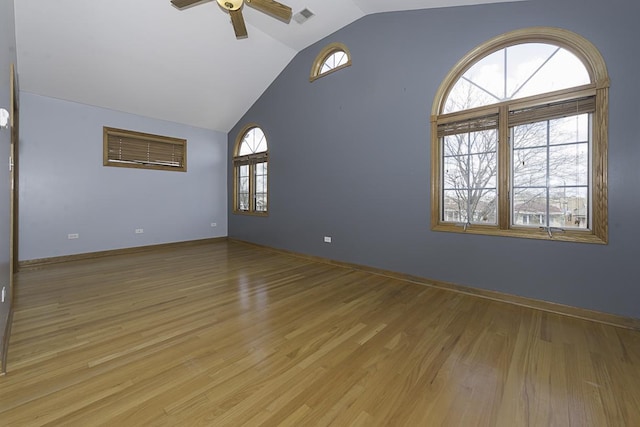 unfurnished room with visible vents, baseboards, a ceiling fan, light wood-style flooring, and high vaulted ceiling