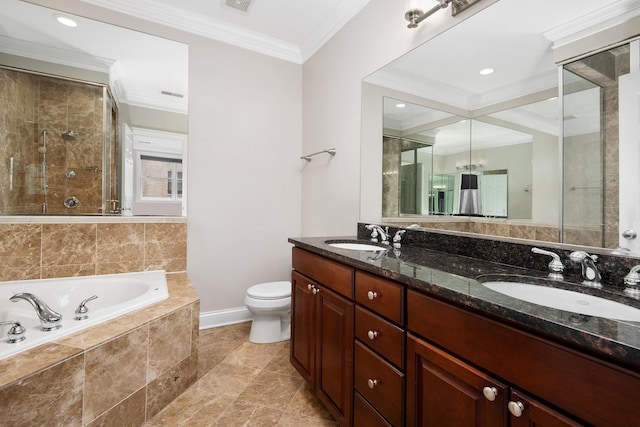 full bathroom featuring a bath, a shower stall, ornamental molding, and a sink