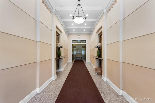 corridor featuring recessed lighting, crown molding, and baseboards