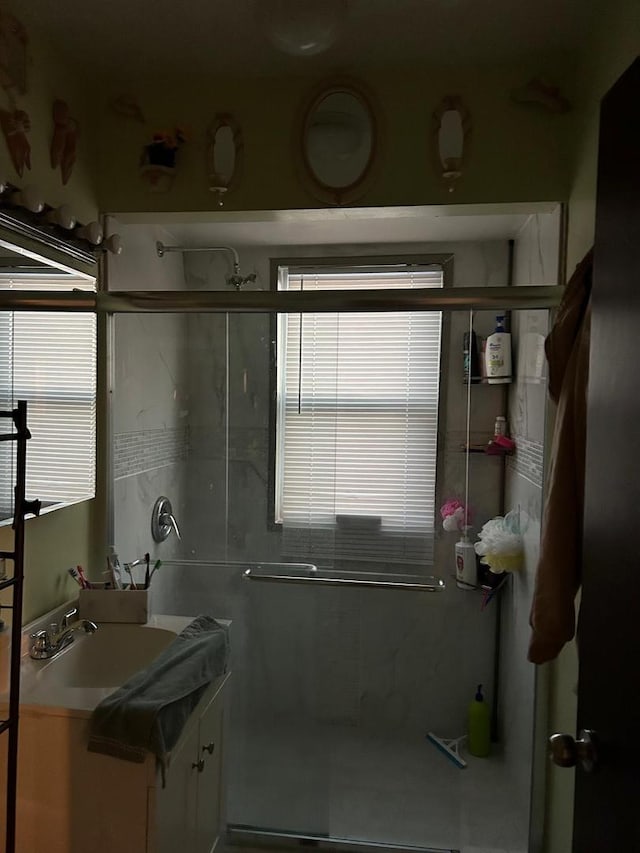 bathroom featuring vanity, a shower stall, and a healthy amount of sunlight