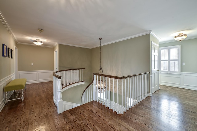 corridor with crown molding, wood finished floors, an upstairs landing, and a decorative wall