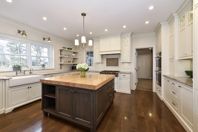 kitchen featuring dark brown cabinets, butcher block countertops, open shelves, and a sink