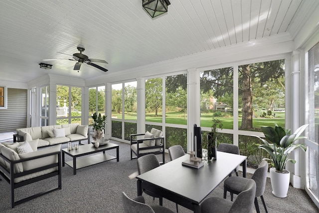 sunroom with a ceiling fan and wooden ceiling