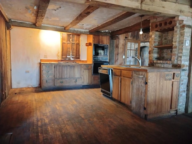 kitchen with decorative light fixtures, beamed ceiling, hardwood / wood-style floors, black appliances, and a sink