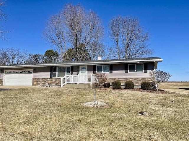 single story home with an attached garage, covered porch, stone siding, a front lawn, and a chimney