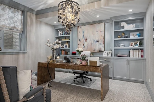 office space featuring a chandelier, recessed lighting, built in shelves, and carpet