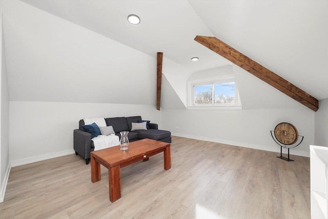 sitting room featuring recessed lighting, baseboards, vaulted ceiling with beams, and light wood finished floors