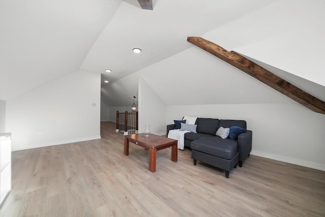 sitting room featuring baseboards, lofted ceiling, an upstairs landing, recessed lighting, and light wood-style floors