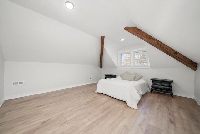 bedroom with baseboards, visible vents, light wood-style flooring, vaulted ceiling with beams, and recessed lighting