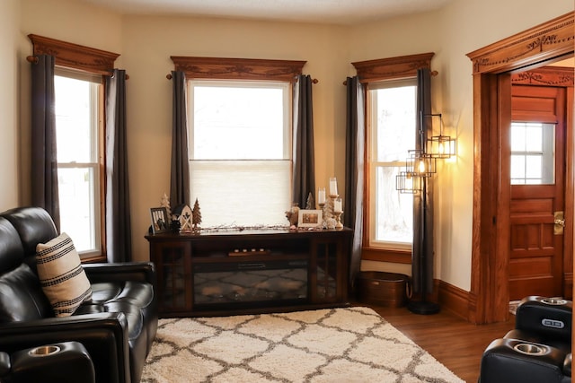 sitting room with a healthy amount of sunlight, baseboards, and wood finished floors