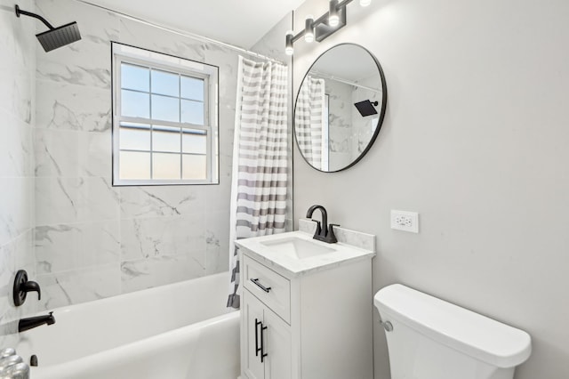 bathroom with shower / bathtub combination with curtain, toilet, and vanity