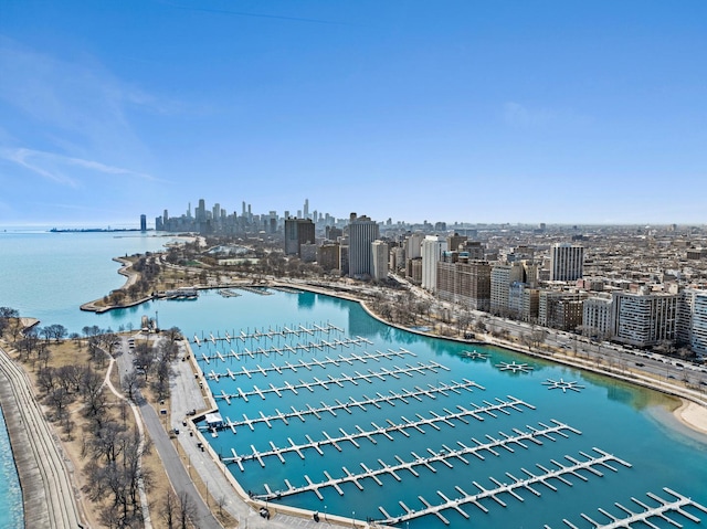 view of swimming pool with a city view and a water view