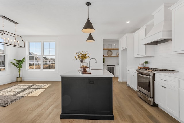 kitchen with light wood-type flooring, custom range hood, a sink, tasteful backsplash, and gas stove