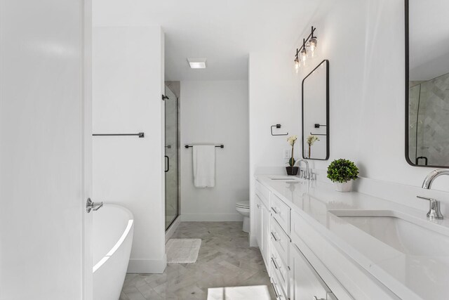 bathroom featuring double vanity, toilet, a stall shower, and a sink