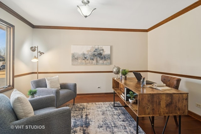 office space with wood finished floors, baseboards, and ornamental molding