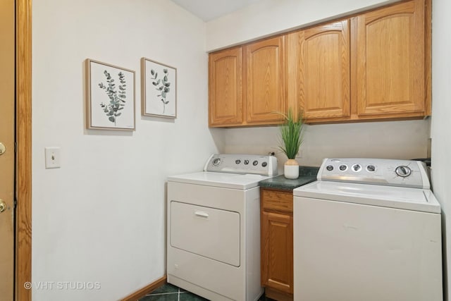 laundry room featuring washer and clothes dryer, cabinet space, and baseboards