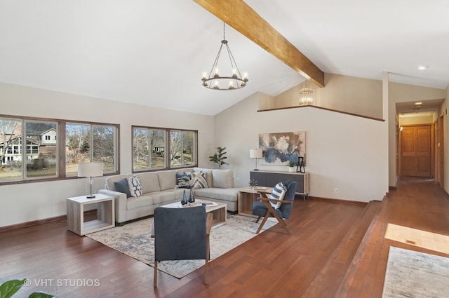 living area with baseboards, an inviting chandelier, vaulted ceiling with beams, and hardwood / wood-style flooring