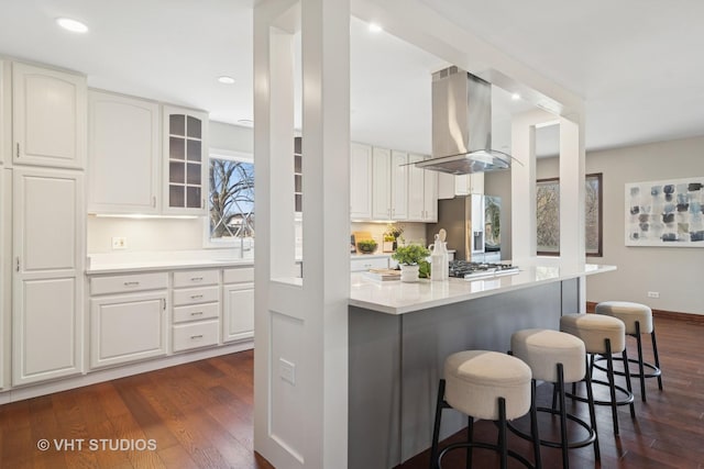 kitchen with dark wood finished floors, stainless steel appliances, light countertops, a kitchen breakfast bar, and island range hood