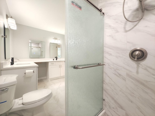bathroom with marble finish floor, a shower stall, toilet, and vanity