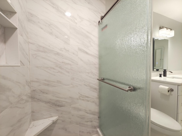 full bath featuring toilet, a shower stall, and vanity