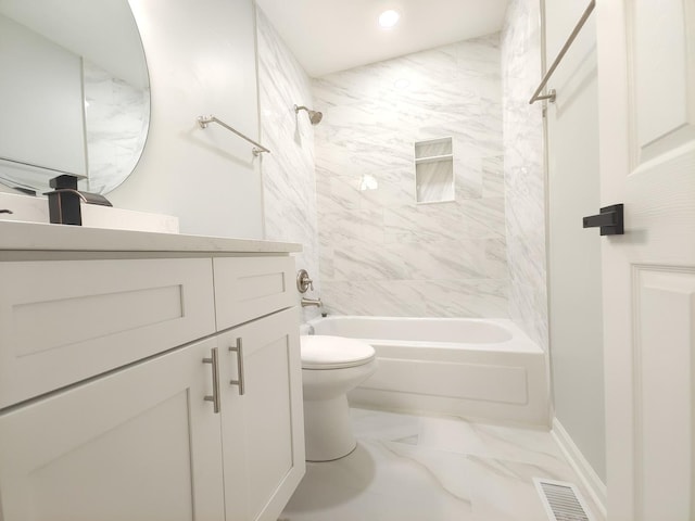 bathroom with shower / washtub combination, marble finish floor, visible vents, toilet, and vanity