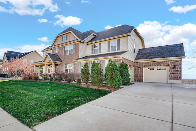 view of front of property featuring a front yard, driveway, a porch, an attached garage, and brick siding