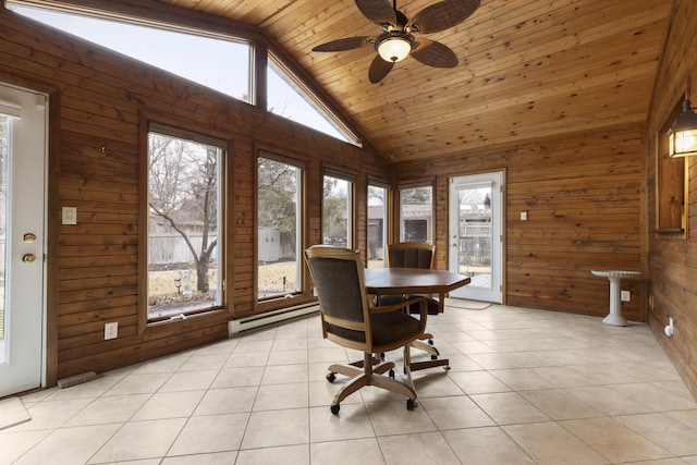 dining area featuring wooden ceiling, light tile patterned floors, wooden walls, and high vaulted ceiling