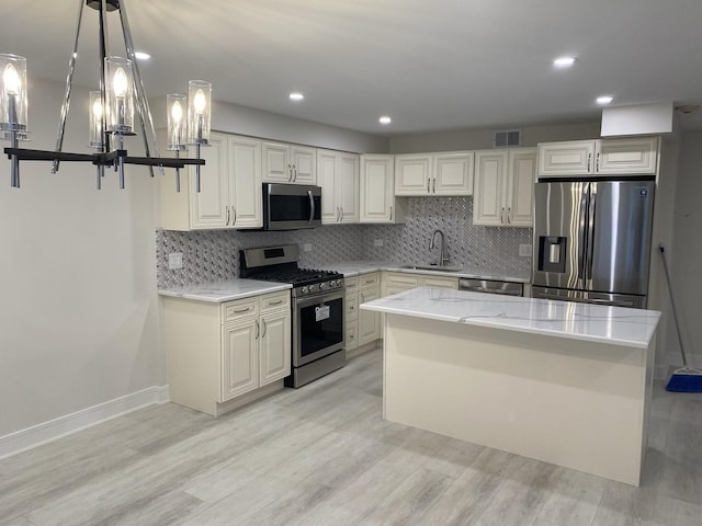 kitchen featuring stainless steel appliances, a sink, visible vents, light wood-type flooring, and decorative backsplash