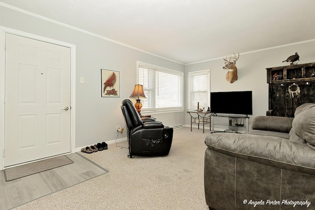 carpeted living room with baseboards and ornamental molding