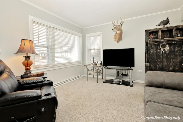 living room featuring baseboard heating, carpet floors, baseboards, and ornamental molding