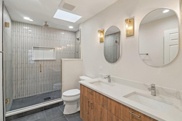 bathroom with a sink, visible vents, toilet, and a stall shower