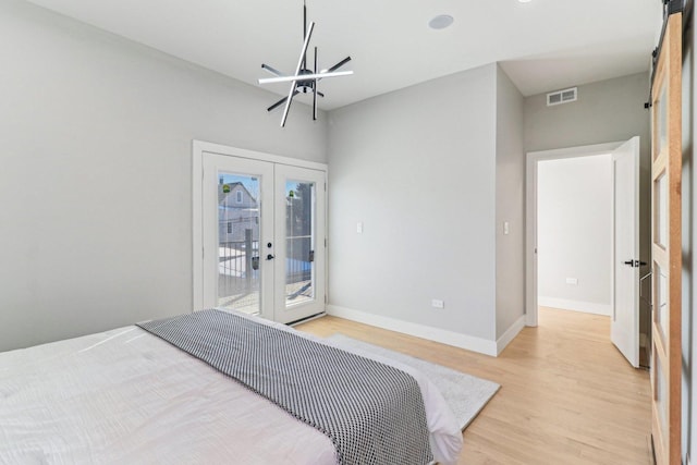 bedroom with visible vents, baseboards, access to outside, french doors, and light wood-type flooring