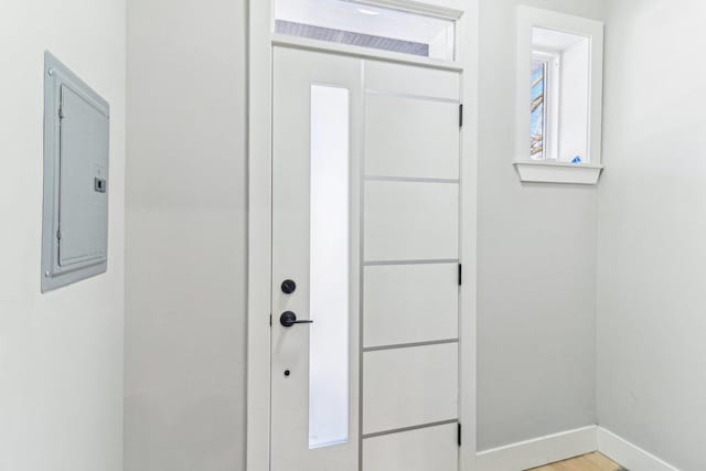 entrance foyer with light wood-style flooring, electric panel, and baseboards